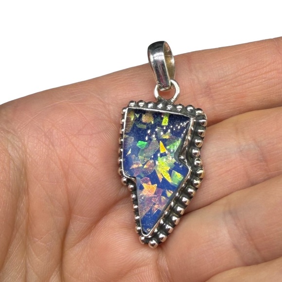 Australian Fire Opal Lightning Bolt Necklace Pendant Solid 925 Sterling Silver - Picture 4 of 7